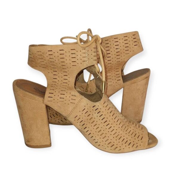 QUPID TAN OPEN TOE BLOCK HEELS BOOTIES SZ.7.5 EUC. - Picture 6 of 9